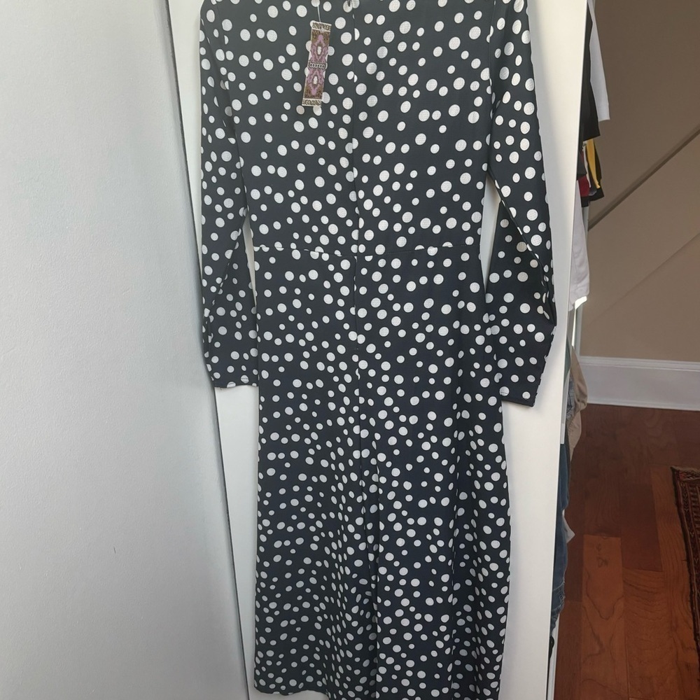 BOOHOO navy polka dot front tie long sleeve jumpsuit - Picture 6 of 7
